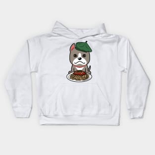 Cute grey dog eating spaghetti Kids Hoodie